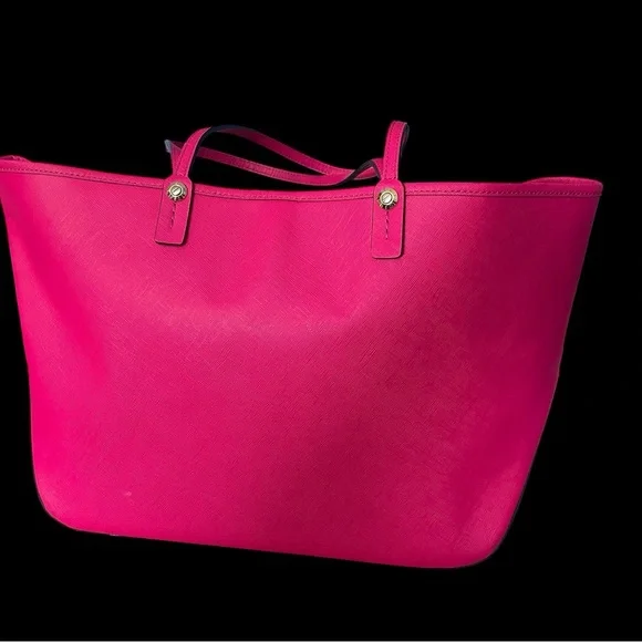 Henri Bendel Hot Pink Saffiano Leather Tote Bag Gold Hardware Large Shopper - Picture 10 of 16